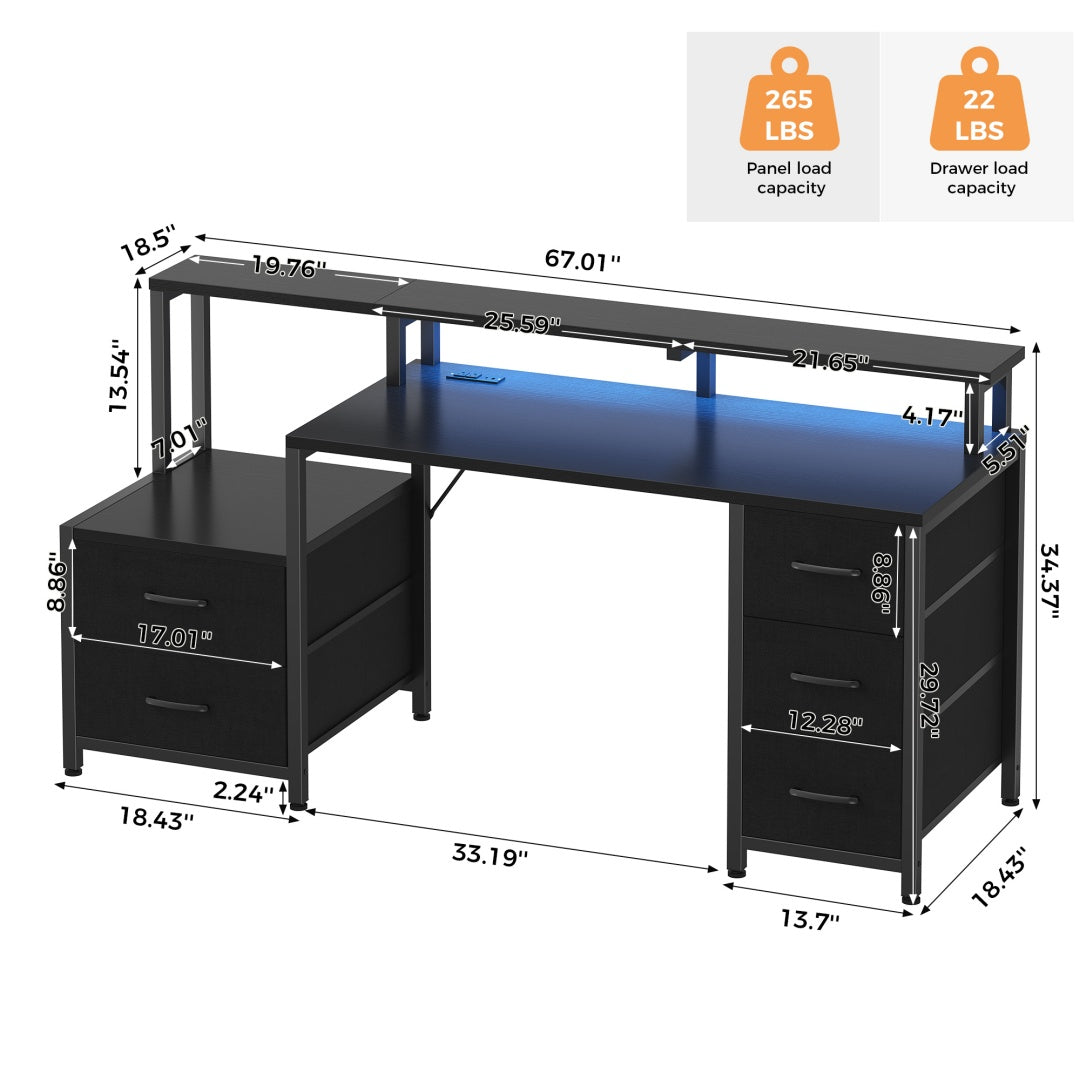 67-inch Computer Desk, Equipped With 5 Drawers And A Monitor Stand. The Gaming Table Comes With LED Lights And Power Sockets. The Printer Cabinet.