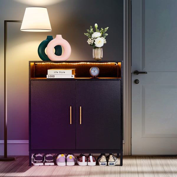 Double Door 6-Layer Shoe Cabinet With High Foot LED Lights Particle Board 80x38x90cm Black