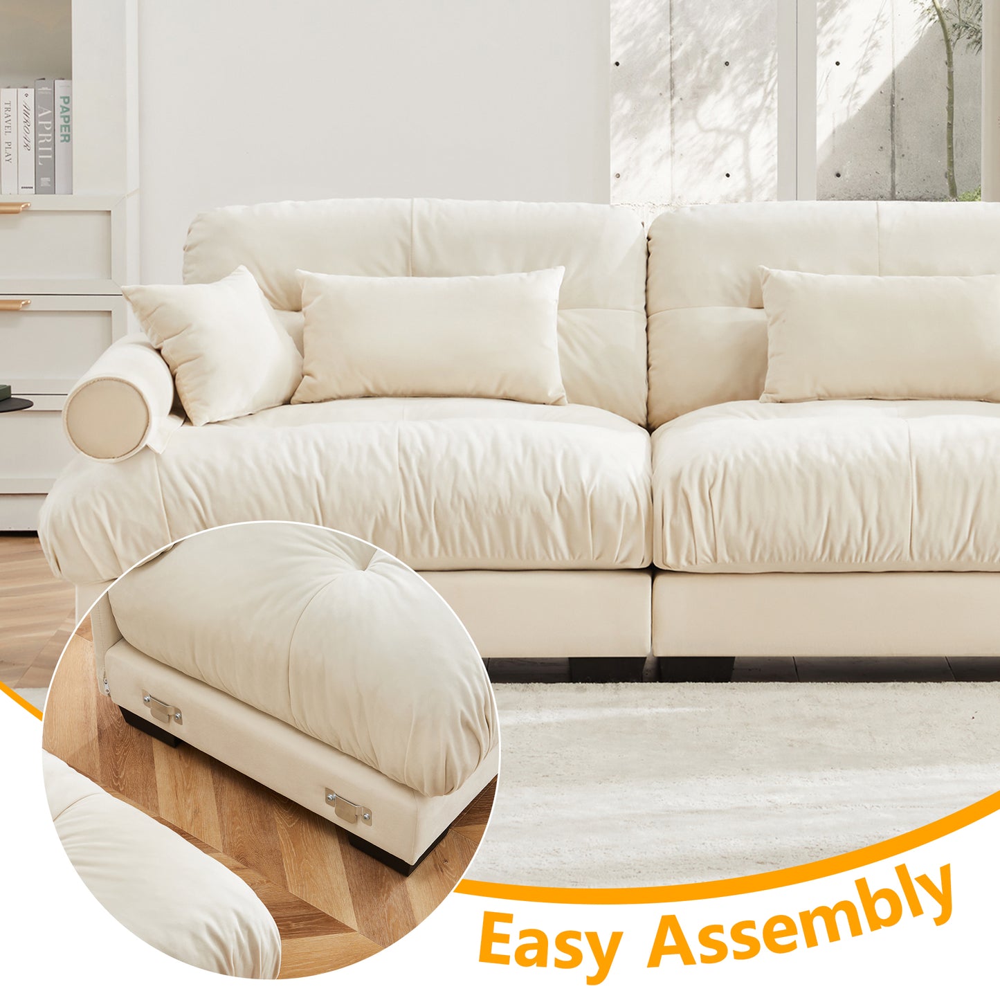 Super Comfort Oversized Modular Velvet Sectional Sofa Couch With Movable Ottoman,Corner Sectional With Bolstered Armrests, Deep Seat Cloud Couch, Convertible L Shaped Couch For Living Room Cream