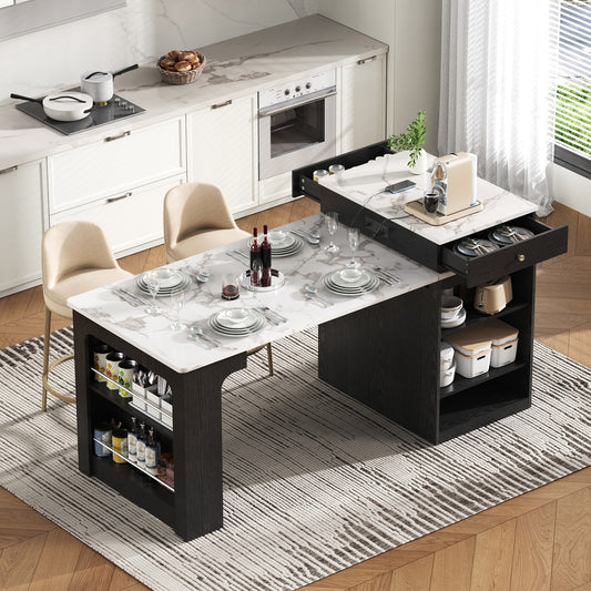 K&K 59.5   Kitchen Island With Extendable Dining Table, Kitchen Storage Table With Double-sided Storage, Kitchen Island With 2 Drawers, Power Outlet, Side Open Shelves, For Kitchen, Dining Room, Black