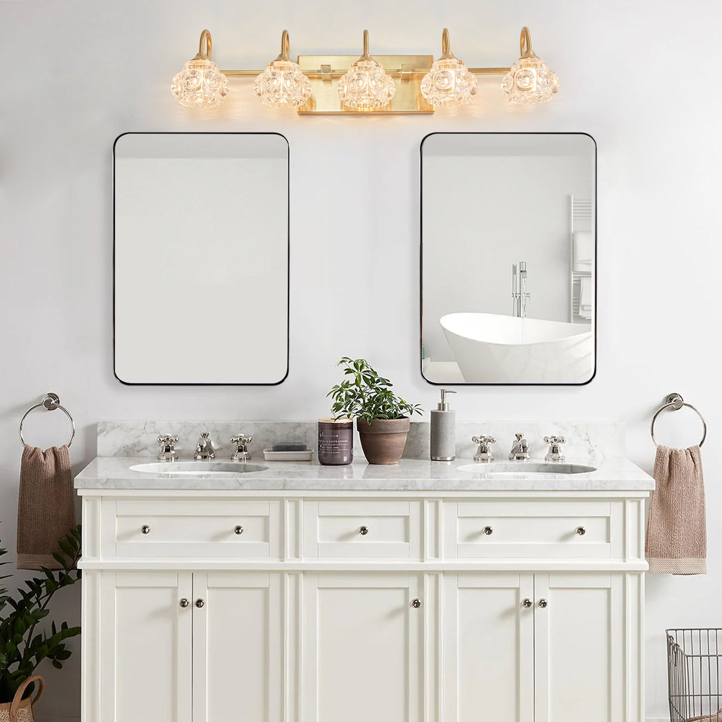 29 Modern Crystal Bathroom Vanity Light, 5-Light Golden Wall Sconce With Clear Glass Shade, Elegant Wall Mount Lighting For Bathroom, Powder Room, Or Vanity Mirror  No Bulbs