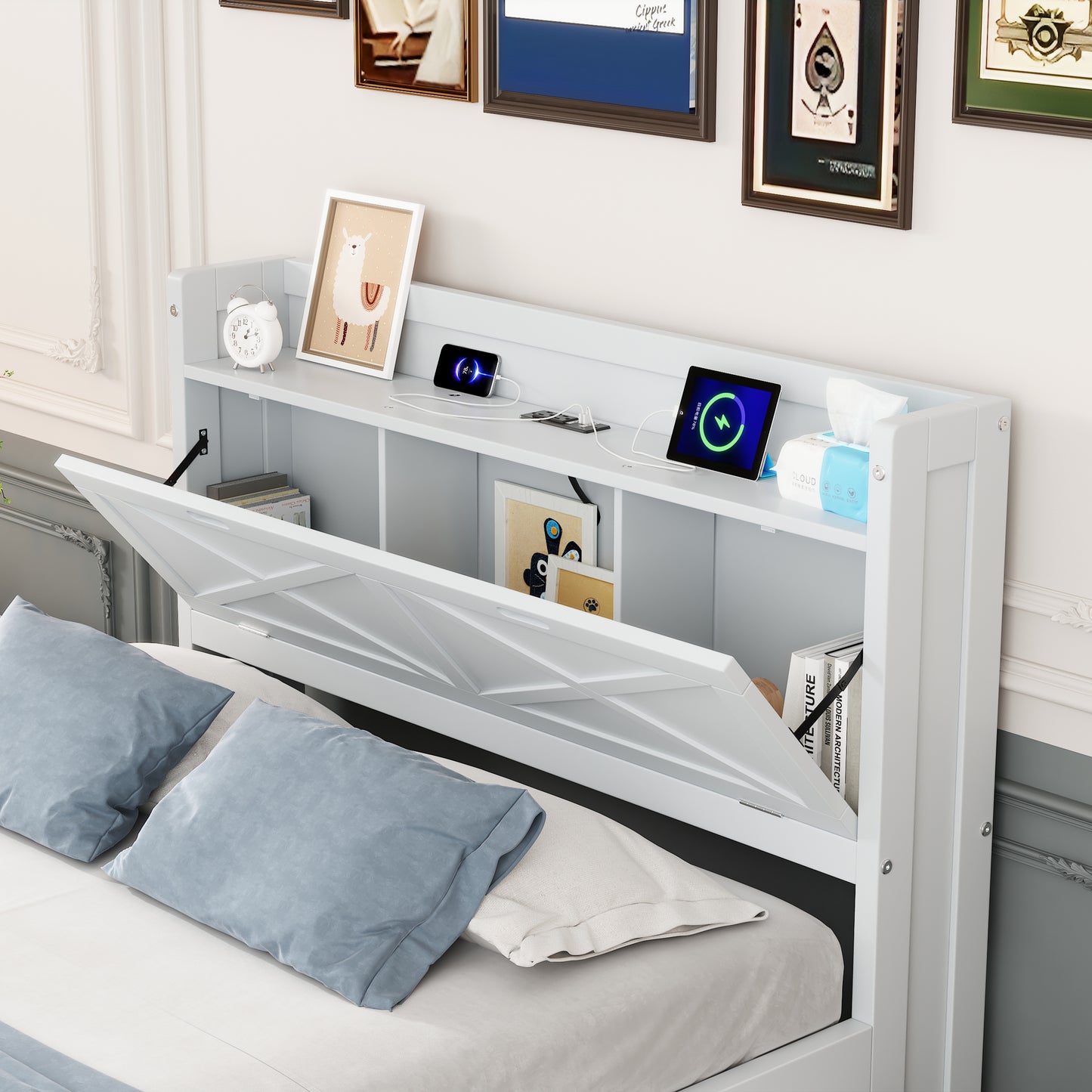 Full Size Wooden Bed With Storage Headboard With Outlets, Extendable Bed With Twin Size Trundle With Three Storage Drawers,White