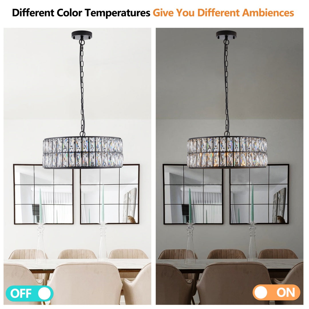 18  Black Modern Crystal Drum Chandelier, 6-Light Pendant Lighting Fixture With Metal Frame For Living Room, Dining Room, And Bedroom  Bulbs Not Included