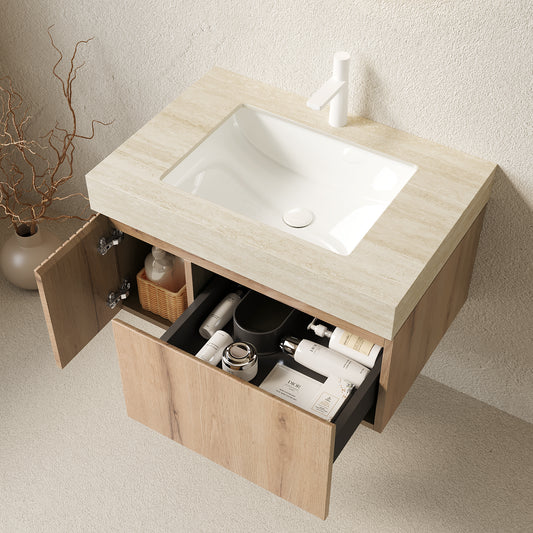 MURI 30  Bathroom Vanity&Sink, Floating Plywood Storage Cabinet With Drawer&Door, Roma Travertine Sintered Stone Top&Ceramic Basin With 1 Pre-drilled Faucet Hole, Pre-assembled, White Oak Woodgrain
