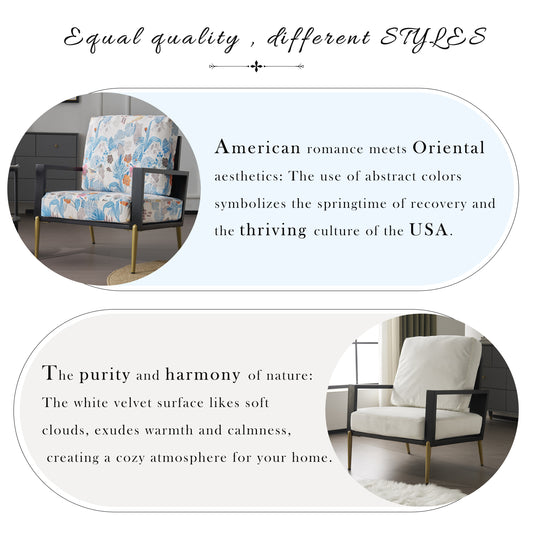 Floral Accent Chair, Velvet Lounge Arm Chair With Solid Wood Frame, Upholstered Living Room Chairs With Metal Legs For Reading Chair For Balcony, Living Room And Bedroom, Blue