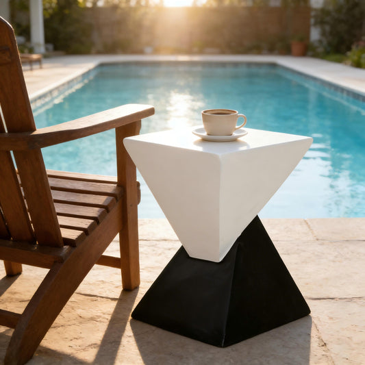 Modern Geometric MGO Side Table - Black & White Two Tone Indoor Outdoor End Table For Living Room, Patio, Garden, 18'' H X 12.5'' Base