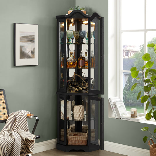 Lighted Corner Curio Cabinet With Tempered Glass Doors & Shelves - Elegant Oak Display Storage For Living Room & Bedroom Decor-BLACK