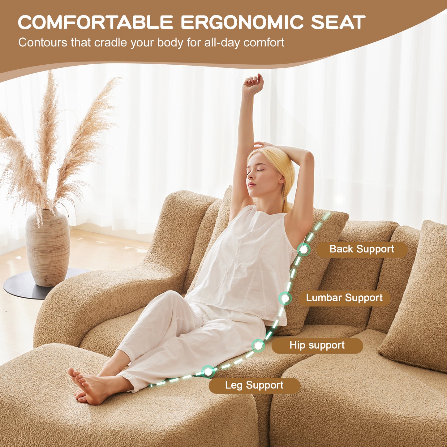 Soft Teddy Fabric Boneless Sofa,No Assembly Required Streamlined Design,Anti-Slip Design 32D High Density Sponge Fits Living Rooms Bedrooms,Camel