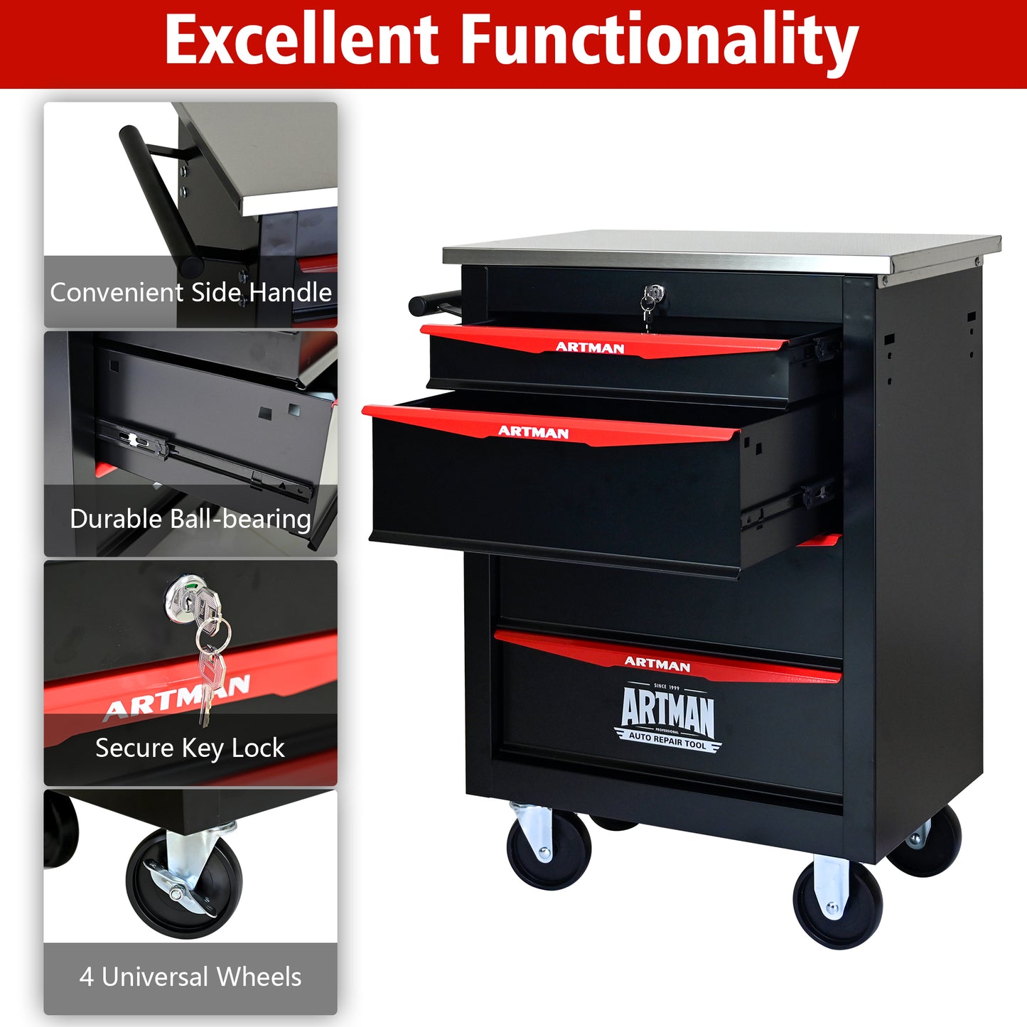 4 Drawers Multifunctional Tool Cart With Wheels,Metal Rolling Tool Cart Storage For Garage Workshop Warehouse Repair Shop--With  Stainless Steel Roof- BLACK&RED