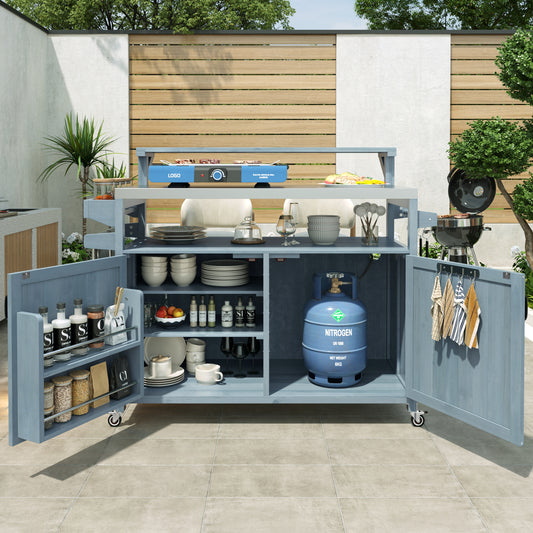 K&K 53.3  Outdoor Kitchen Island With Raised Shelf, Solid Wood Storage Cabinet With Stainless Steel Top, Outdoor Rolling Grill Cart With Internal Storage Rack, Adjustable Shelf, Spice Rack, Grey Blue