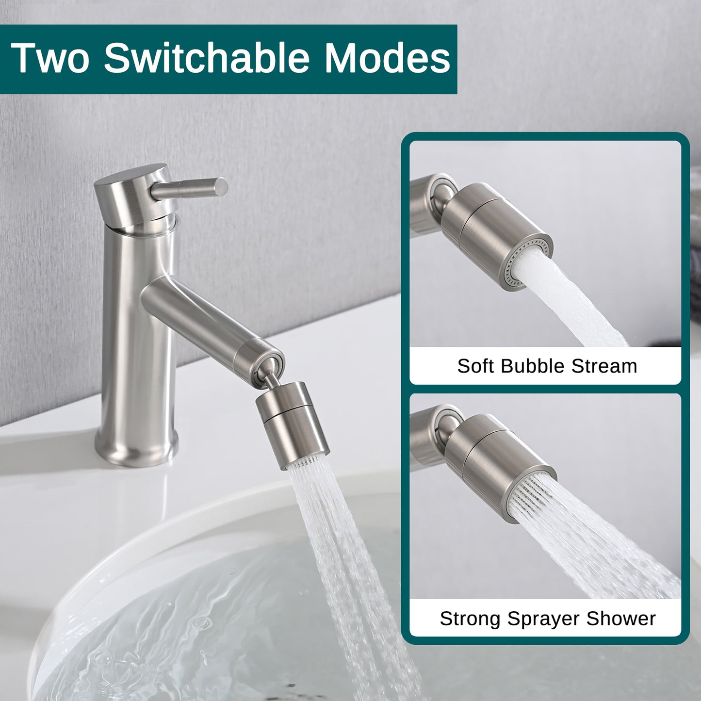 Brushed Nickle Bathroom Faucet For 2 Mode Faucet For Bathroom Sink With 360 Rotating Aerator