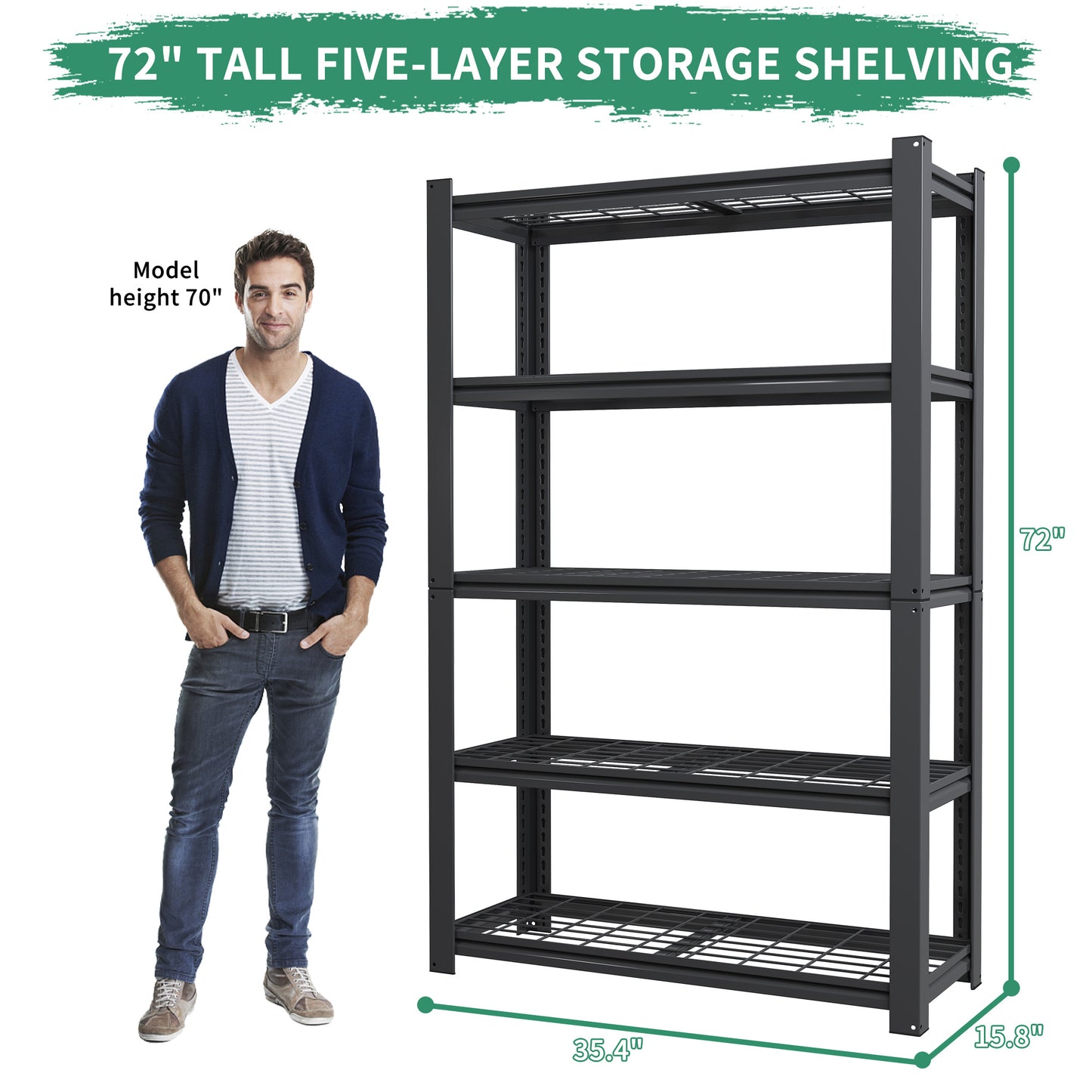 72 H 5-Tier Adjustable Heavy Duty Shelving Metal Mesh Storage Rack  2000 Lbs Loading Capacity  - Metal Shelf Organizer For Pantry, Garage, Kitchen - 35.43 Wx15.75 Dx72 H - Black