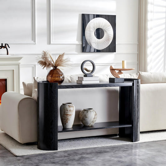 Double-layer Black Curved Foyer Table - Black Wood Grain Minimalist Entrance Small Space Living Room Sofa Side Table