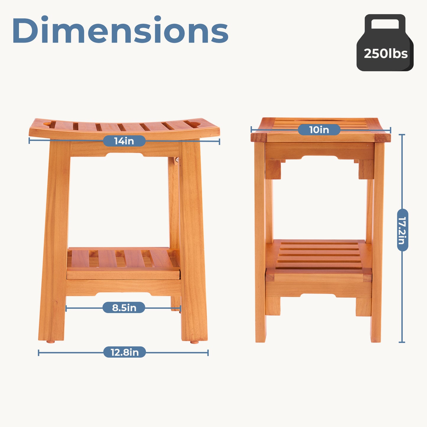 18-inch Solid Wood Bathroom Stool, Featuring A Wooden Seat Suitable For Use In The Shower And Vanity Area
