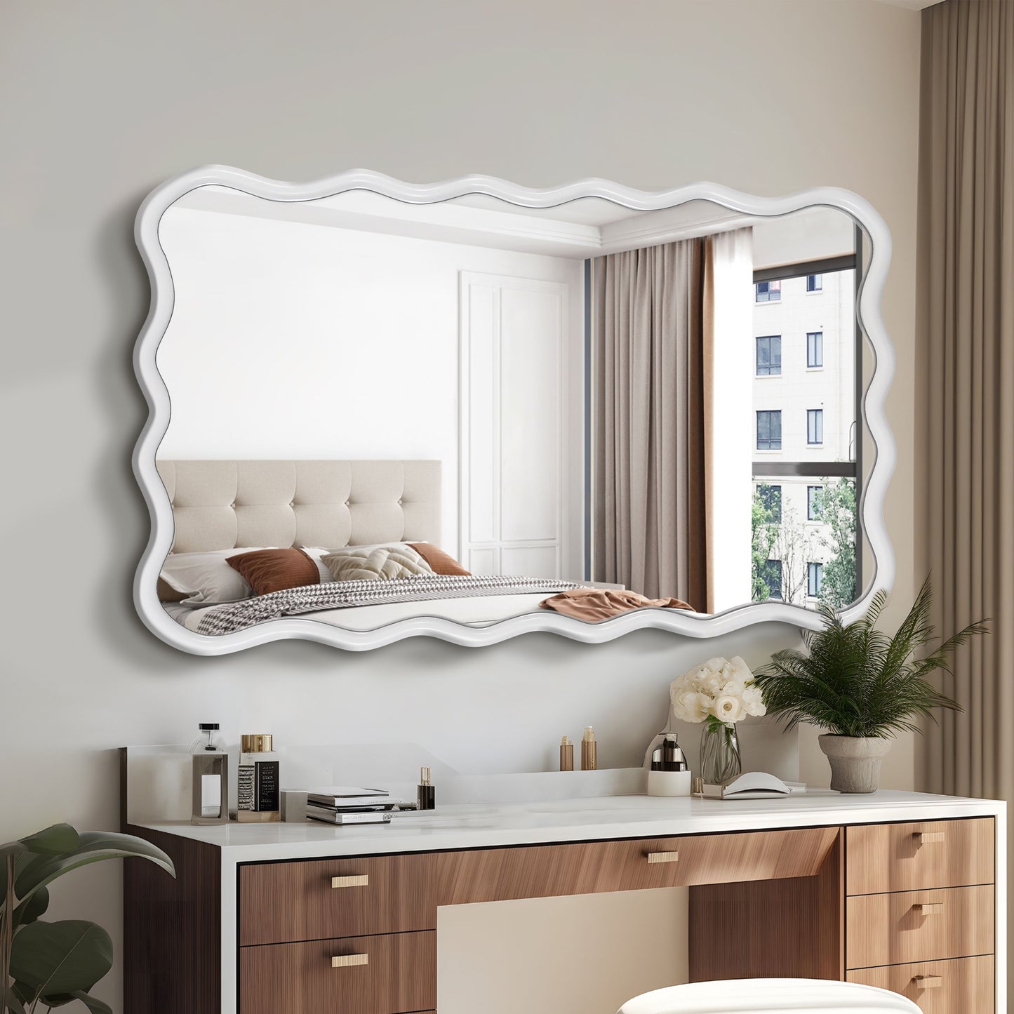 Solid Wood Wavy Rectangle  Mirror-Natural-Wood   40 X 28 Modern Mirror Wall Decor For Bathroom, Bedroom, Living Room, Dining Room, Cloakroom, Entryway
