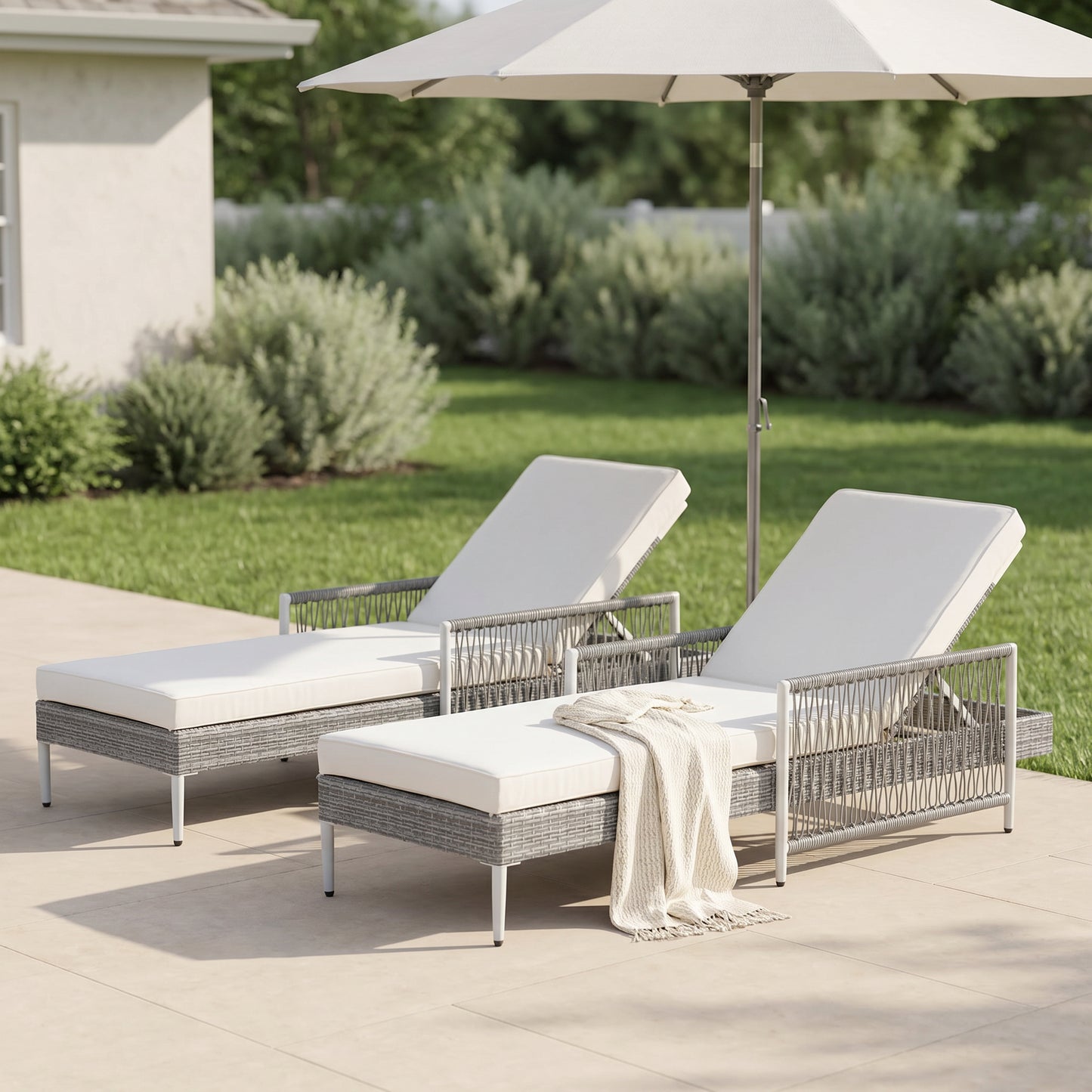 TOPMAX Outdoor All-Weather PE Rattan Chaise Lounge, Minimalist Patio Wicker Lounge Chair With 6 Gear Adjustable Recliner, Arms And Cushion For Poolside, Deck, Set Of 2, Grey