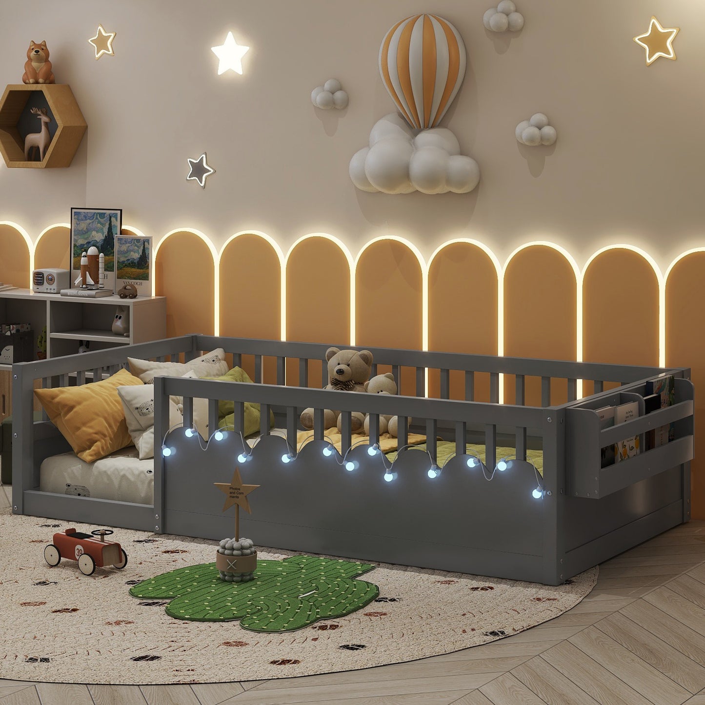 Twin Montessori Floor Bed Frame With High Rails, Wood Kids Floor Beds With Light And Storage Shelf, Gray Expect Arrival Date 2025 8 15