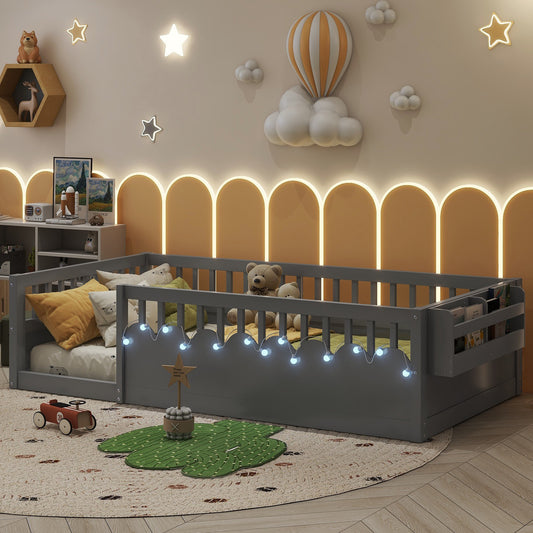 Twin Montessori Floor Bed Frame With High Rails, Wood Kids Floor Beds With Light And Storage Shelf, Gray Expect Arrival Date 2025 8 15
