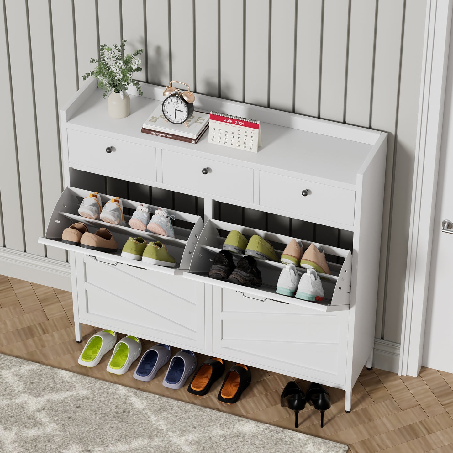 Metal Shoe Cabinet White - 4 Flip Drawers   3 Drawers, Slim 11.8 D Freestanding Steel Shoe Organizer, Anti-Tip Hidden Entryway Shoe Rack