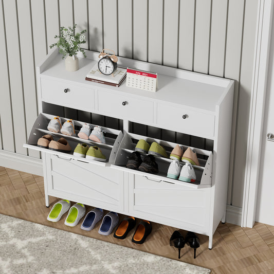 Metal Shoe Cabinet White - 4 Flip Drawers   3 Drawers, Slim 11.8 D Freestanding Steel Shoe Organizer, Anti-Tip Hidden Entryway Shoe Rack