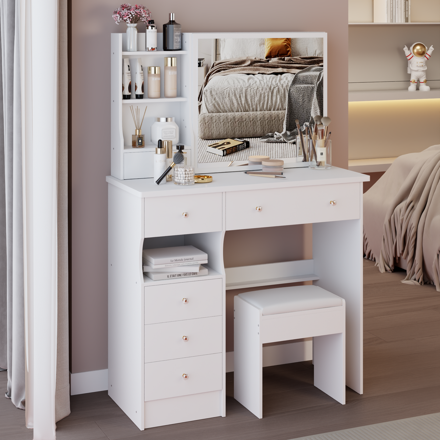 37 Middle Size Left Drawer Desktop Vanity Table  Cushioned Stool, Extra Large Right Sliding Mirror, Multi Layer High Capacity Storage, Practical Fashionable Dresser, Suitable For Large Space
