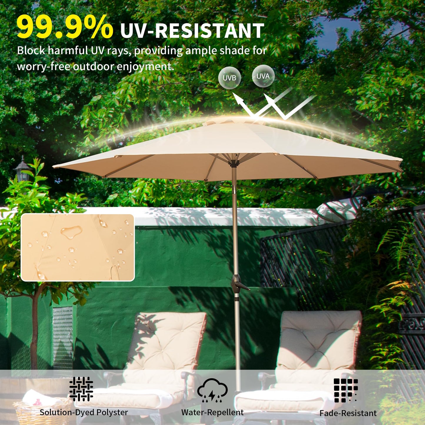 10FT Patio Umbrella, Outdoor Table Umbrella With Push Button Tilt And Crank, UV Protection Waterproof Market Sun Umbrella With 8 Sturdy Ribs For Garden, Deck, Backyard  Beige  -Base Not Included