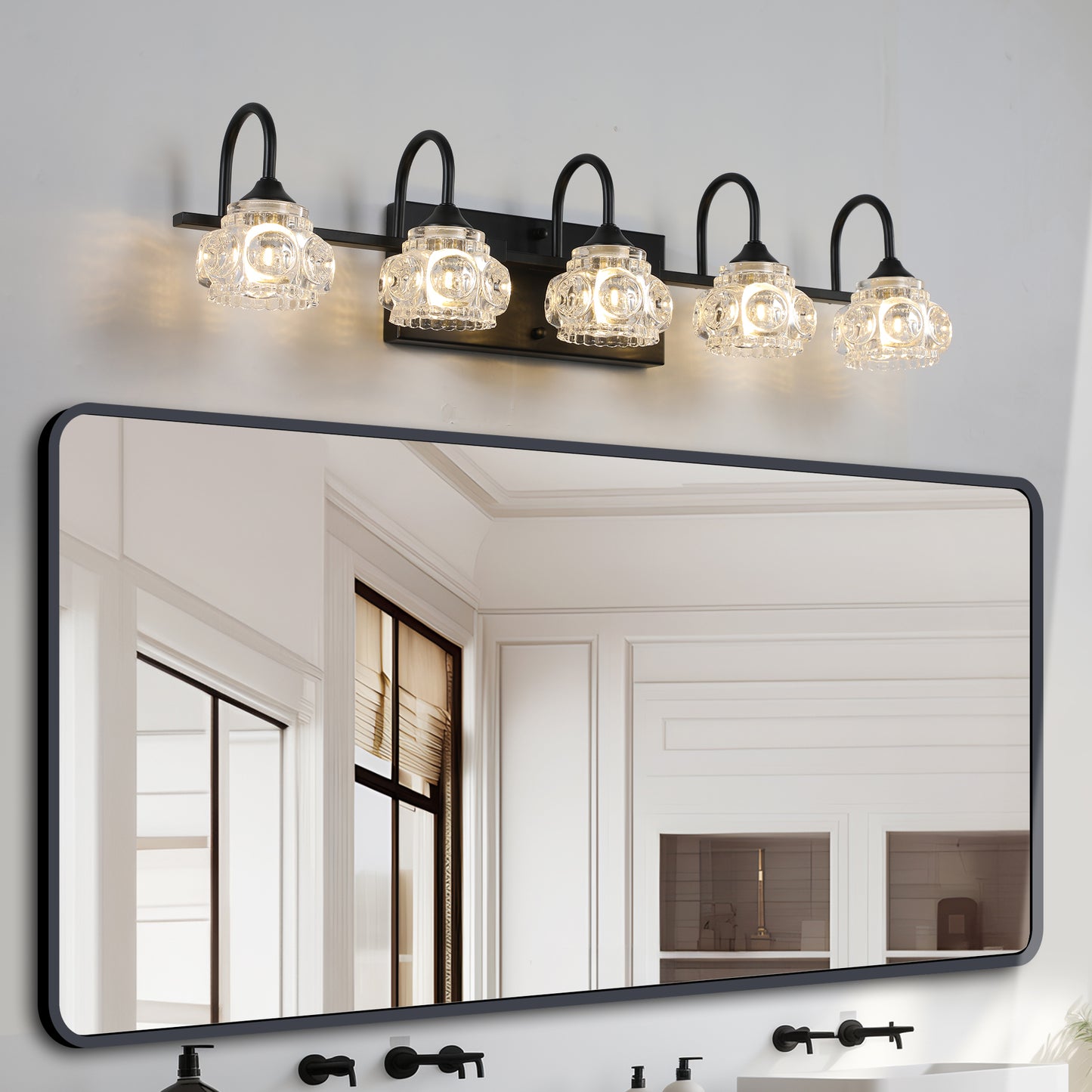 29  Retro 5-Light Bathroom Vanity Light Fixture - Black Finish With Crystal Glass Shades, Wall Mounted Lighting For Bathroom, Powder Room, And Vanity Mirror  No Bulbs
