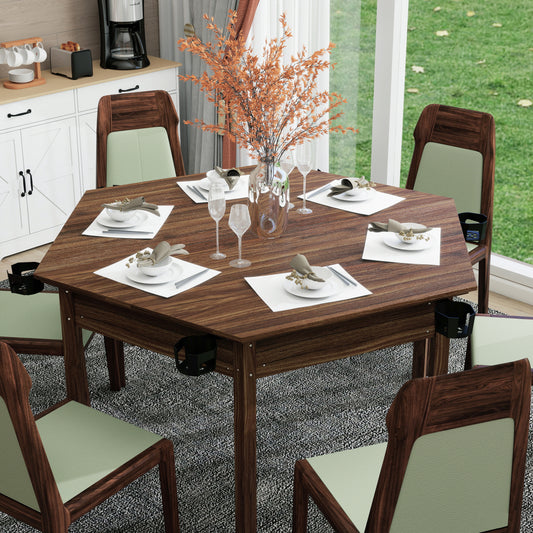 Board Game Table With Removable Table Top For 6 Players, Hexagon Gaming And Dining Table With Solid Wood Legs, Non-Slip Play Mat, Rotating Cup Holders-Rustic Brown