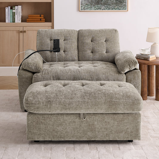 Leisure Sofa Chair,Double Sofa Recliner, With Manually Adjustable Backrest, Soft Padded Armrests, Side USB Charging Port And Phone Stand, Comes With A Matching Storage Ottoman-Brown