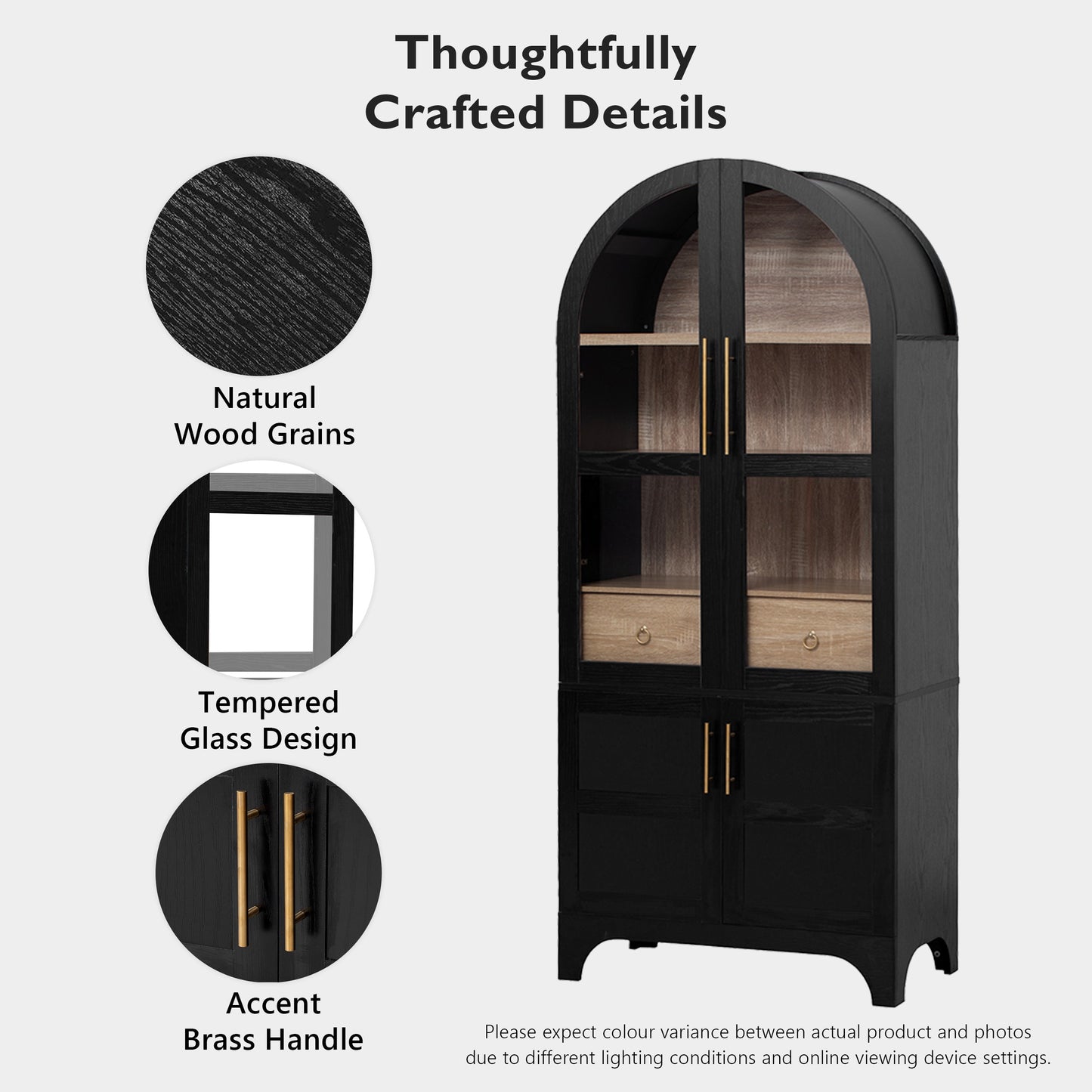 K&K 71  Tall Arched Kitchen Pantry Cabinet With Door Shelves, Farmhouse Kitchen Storage Cabinet With Open & Adjustable Shelves, Hidden Drawer & Glass Door, Cupboard For Kitchen, Dining Room, Black