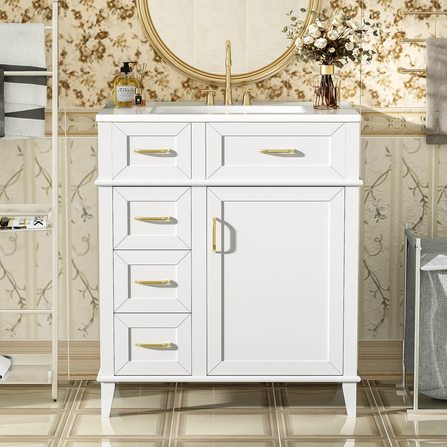 30-Inch Bathroom Vanity With Ceramic Sink, Adjustable Shelf, Soft Close Door, And Three Soft Close Drawers