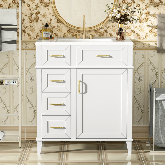 30-Inch Bathroom Vanity With Ceramic Sink, Adjustable Shelf, Soft Close Door, And Three Soft Close Drawers