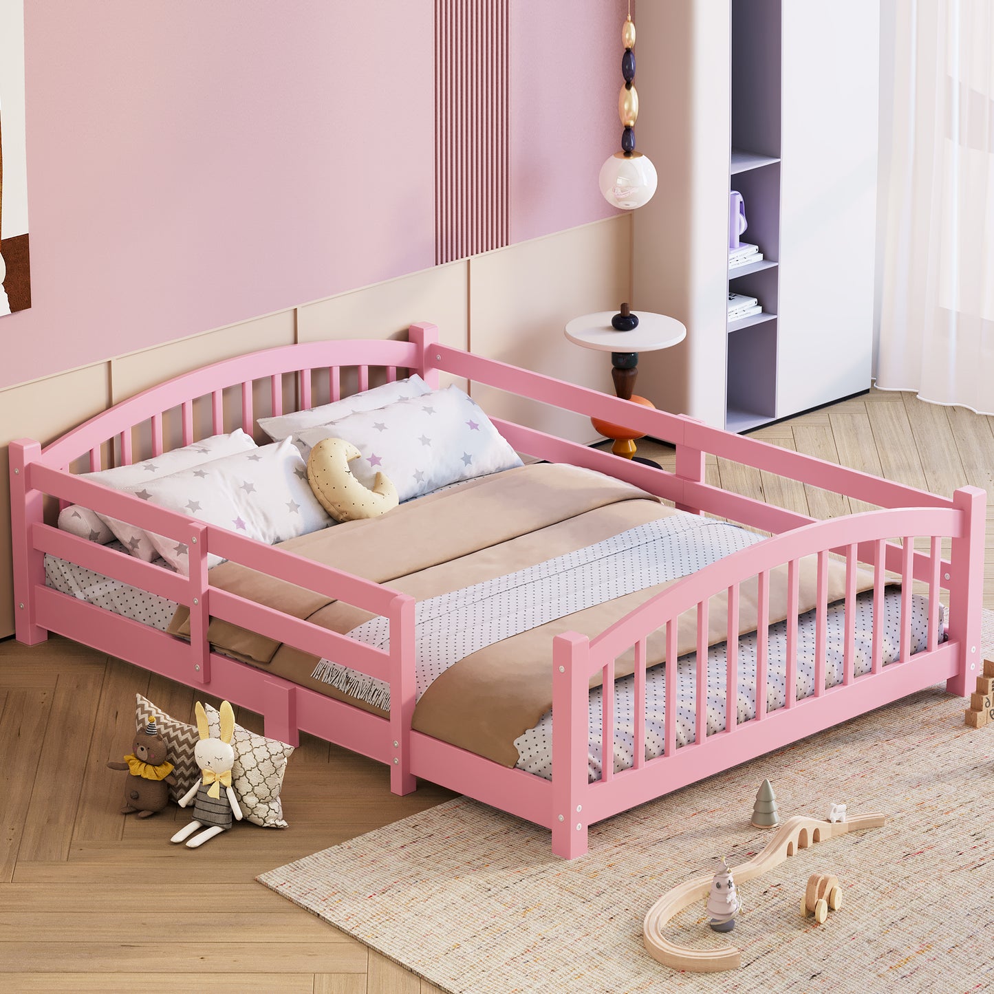 Full Montessori Floor Bed With Slats And Safety Guardrails, Solid Wood Floor Bed With Fence And Without Door, Easy Assemble Montessori Bed For Girls And Boys, Pink