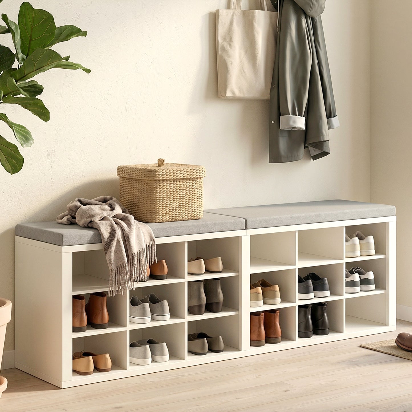 Shoe Storage Bench Minimalist Wood Strong Load Bearing Entryway Bench With Cushion 18 Compartments For Hallway Living Room Bedroom
