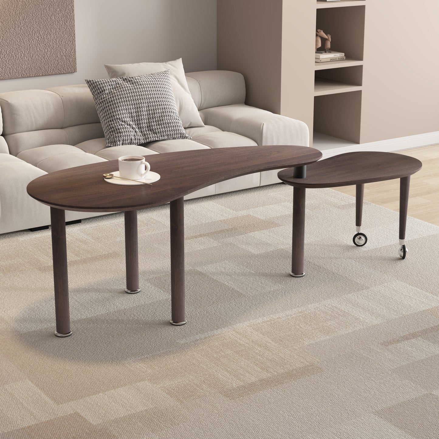 360 Degree Rotatable Coffee Table With Walnut Color Wood Grain OAK Veneer Tabletop For Living Room, Bedroom, Rotating Cocktail Table With Solid Rubber Wood Legs, Waterproof And Wear-resistant PU Paint