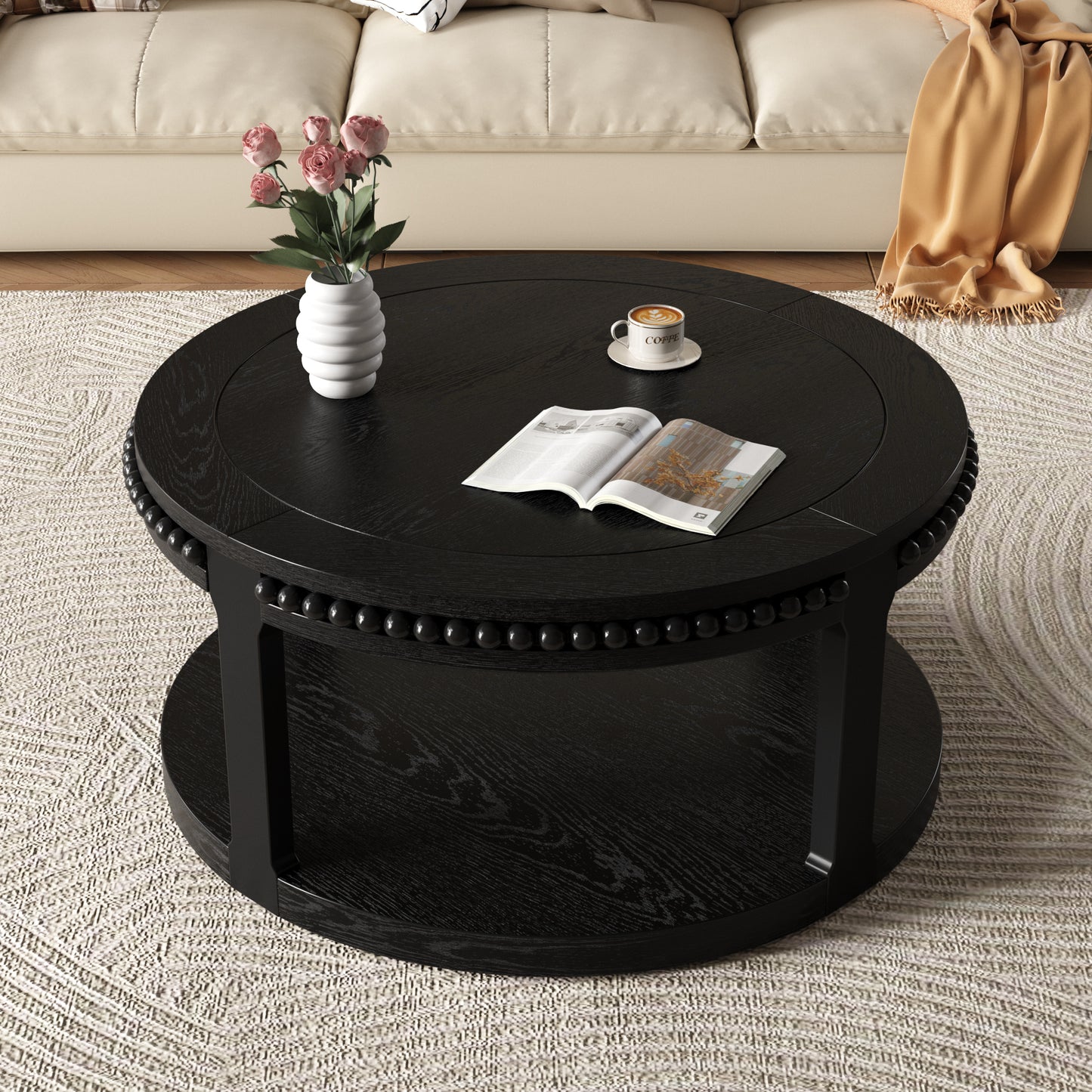 31.5 Inch Solid Wood Round Coffee Table For Living Room,2-Tier Rustic Wood Desktop With Storage Shelf Modern Design Home Furniture Black