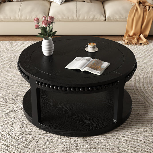 31.5 Inch Solid Wood Round Coffee Table For Living Room,2-Tier Rustic Wood Desktop With Storage Shelf Modern Design Home Furniture Black