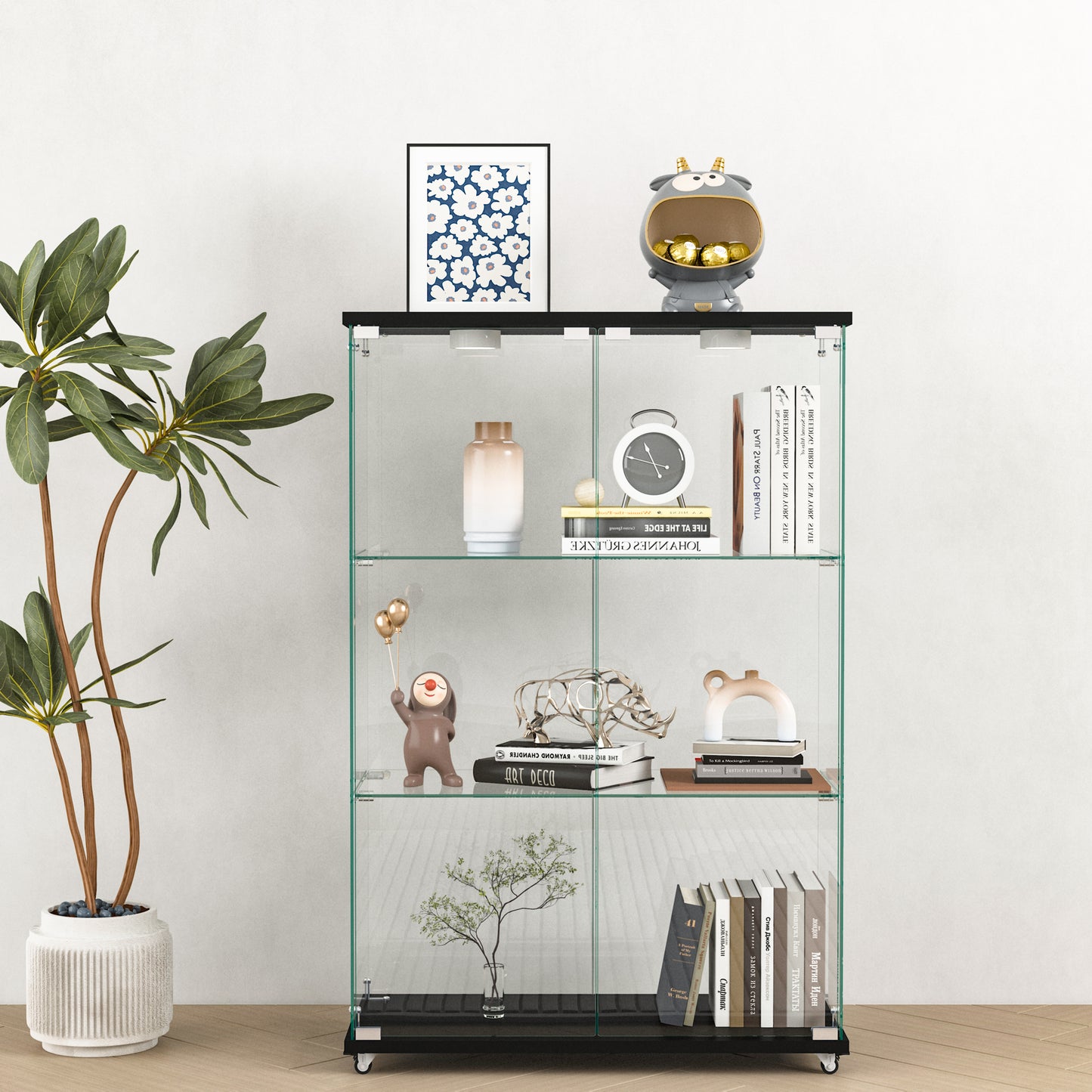 Modern Glass Display Cabinet With LED Lights, Quick-assembly Antique Cabinet, Tempered Glass Bookshelf, Suitable For Living Room And Bedrooms, 2-door 3-shelf, Transparent Black