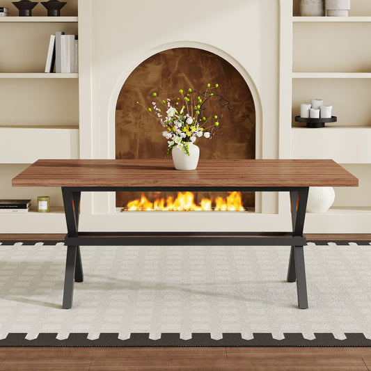 71 X35.4 Inch Walnut MDF Splicing Desktop With X-shaped Metal Frame Dining Table. Modern Industrial Style Multifunctional Dining Table For Household Dining, Suitable For 6-8 People.