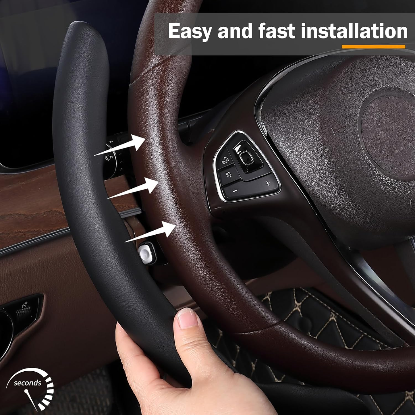 Car Steering Wheel Cover - Leather Snap-on Three-piece Set - Anti-slip Protection Cover - Steering Wheel Control Accessory - Universal Model - Black