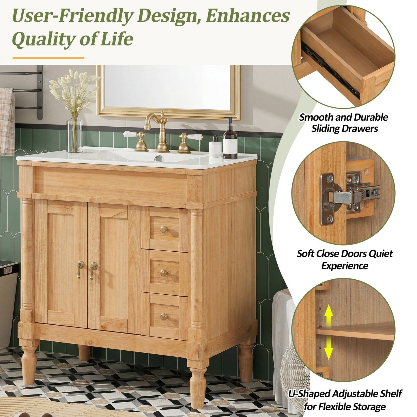 30-Inch Modern Bathroom Vanity, Solid Wood Frame   MDF, 2 Doors 3 Drawers, Soft-Close Design, U-Shaped Adjustable Shelf, Ceramic Sink, Bathroom Storage Cabinet Set, Modern Elegant Design