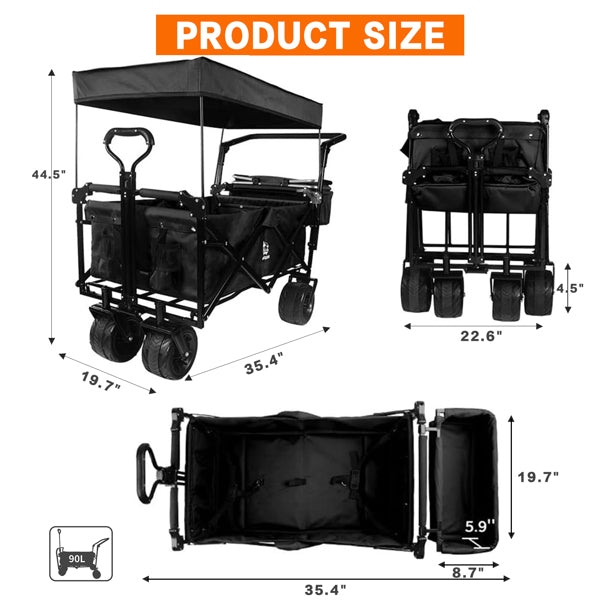 Foldable Wagon With Removable Canopy & Cooler Bag - Heavy Duty Collapsible Wagon Utility Cart With 4inch All-Terrain Wheels For Camping Beach Garden, Black