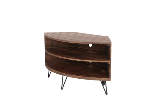 Fan Shape Reclaimed Wood Corner Media Table For Living Room Wise Use Your Space