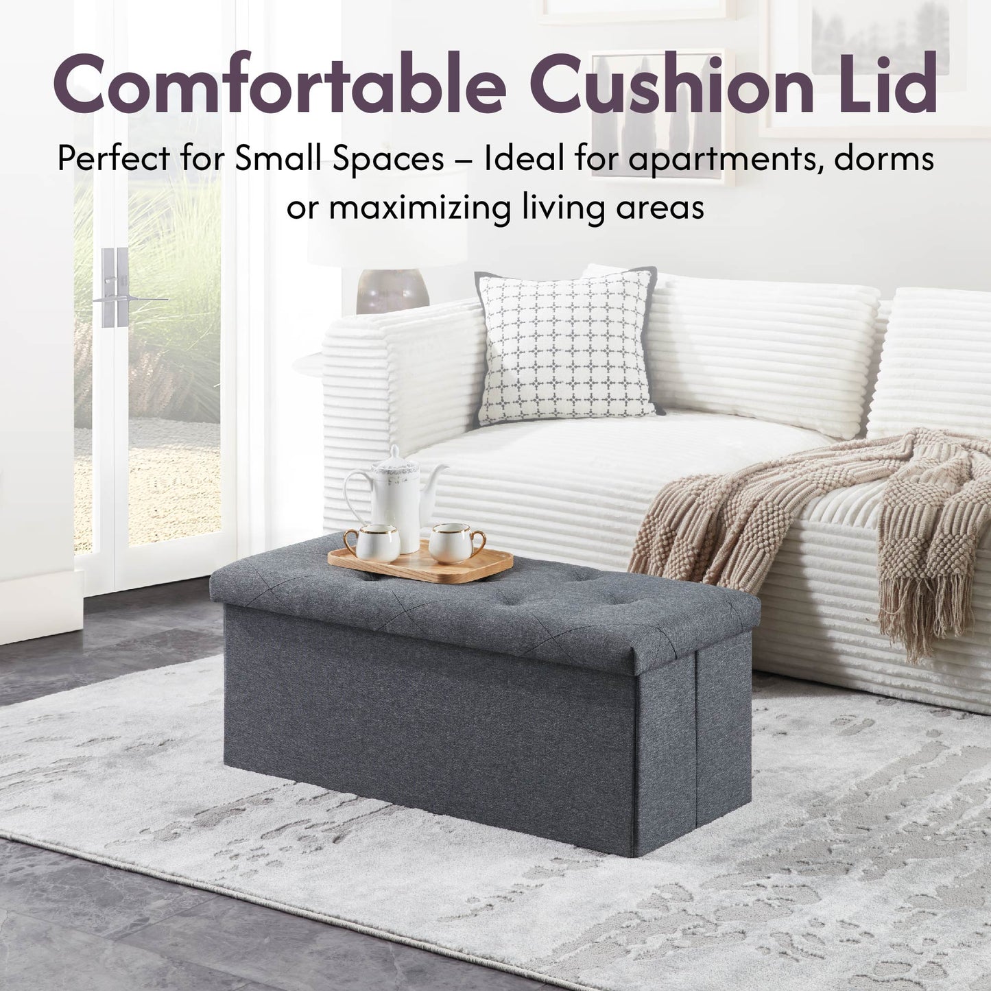 Folding Storage Ottoman Bench, Ottoman Foot Rest, End Of Bed Bench, Storage Chest, For Living Room, Bedroom, Entryway, 35 Inches, Gray