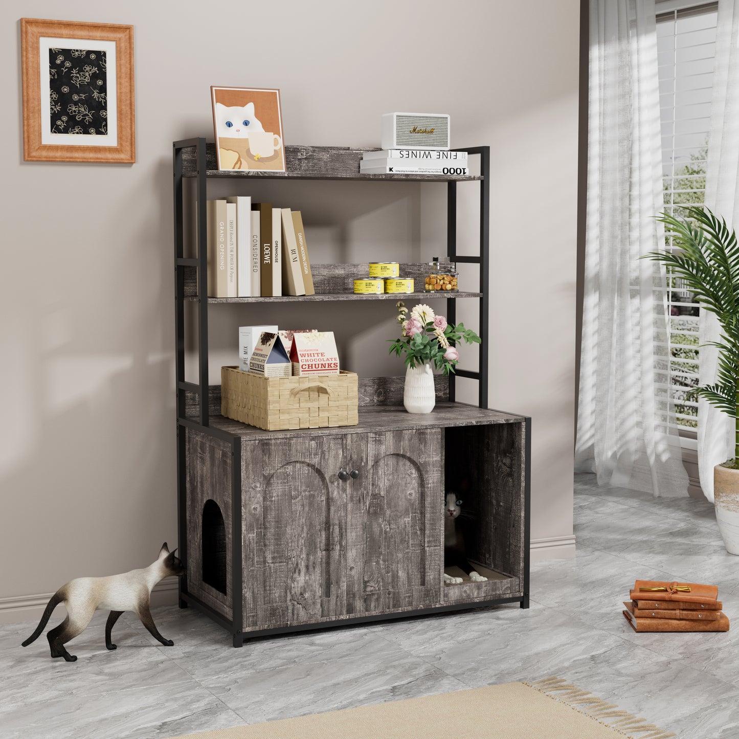 Large Cat Litter Box Enclosure With Shelf Storage, Hidden Cat Washroom Furniture, Wooden Cat House With Scratch Pad, Sturdy Indoor Cat Cabinet With 2 DoorsGrey