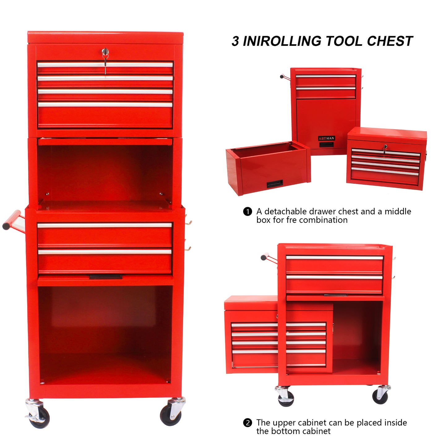 Tool Cabinet On Wheels, 6-Drawer Lockable Rolling Tool Chest W 4 Universal Wheels, 2 In 1 Detachable Tool Box Storage Organizer For Garage Workshop Repair Shop,RED