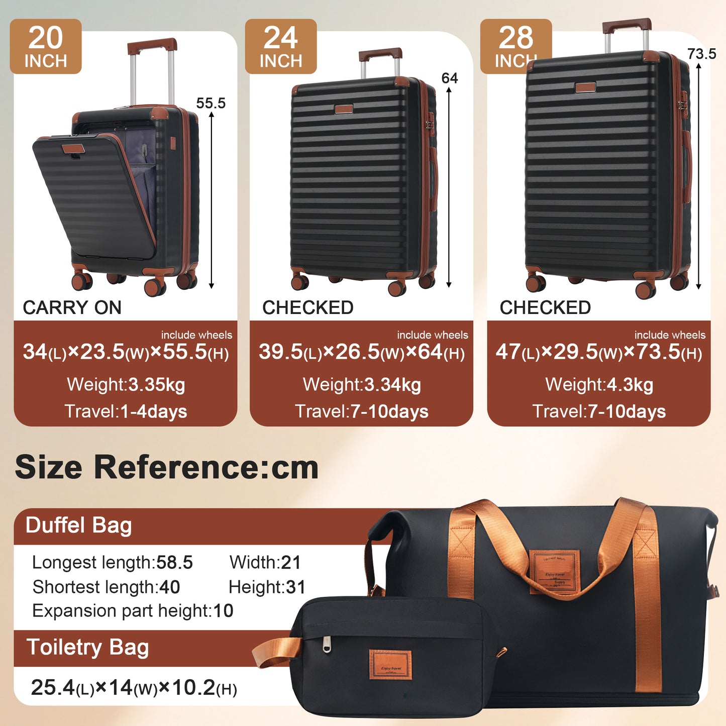 Luggage Sets 5 Piece With Front Opening , Hardside Expandable Carry On Suitcase With Spinner Wheels TSA Lock USB Port  Cup Holder Duffel Bag And Toiletry Bag