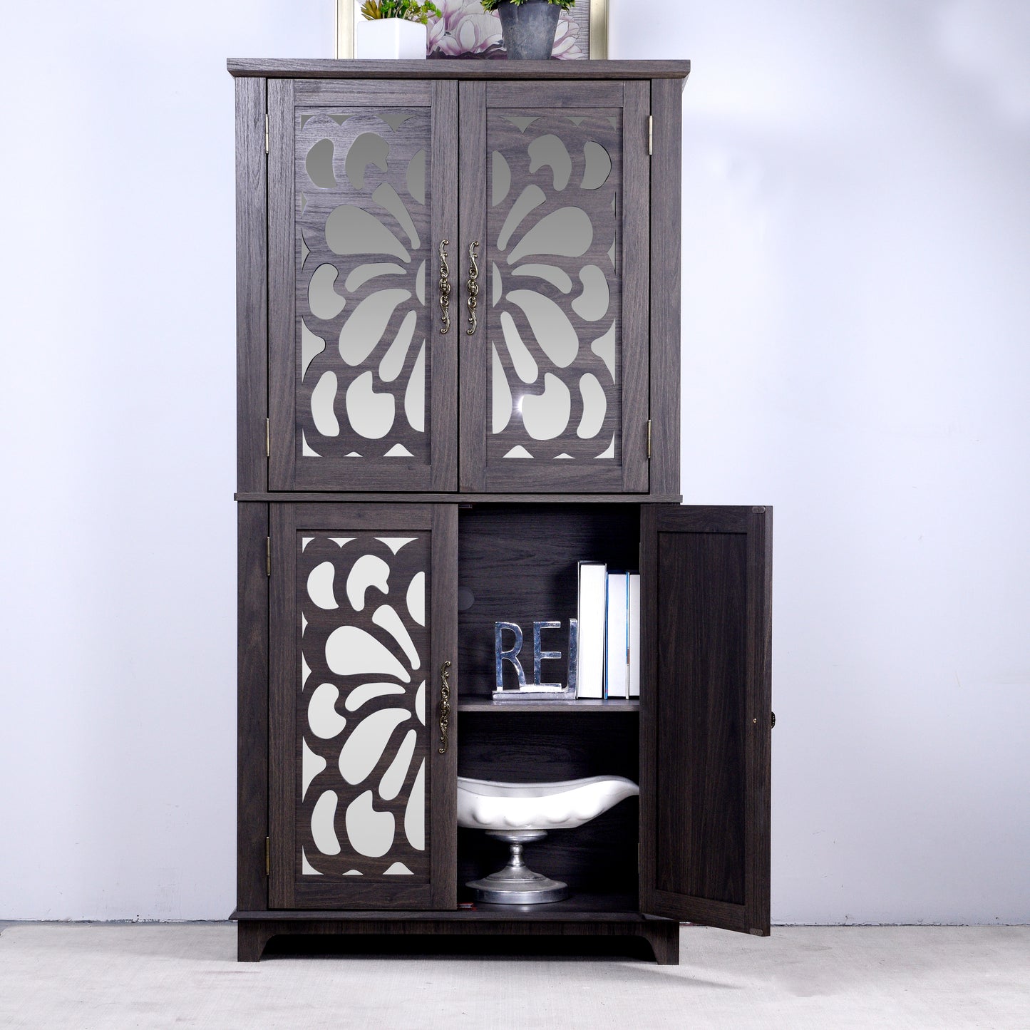 Display Sideboard Buffet With 4 Acrylic Mirrored Doors, Adjustable Shelves Storage Cabinet For Kitchen, Living Room, Bedroom Cabinet, MDF Dark Brown Finish
