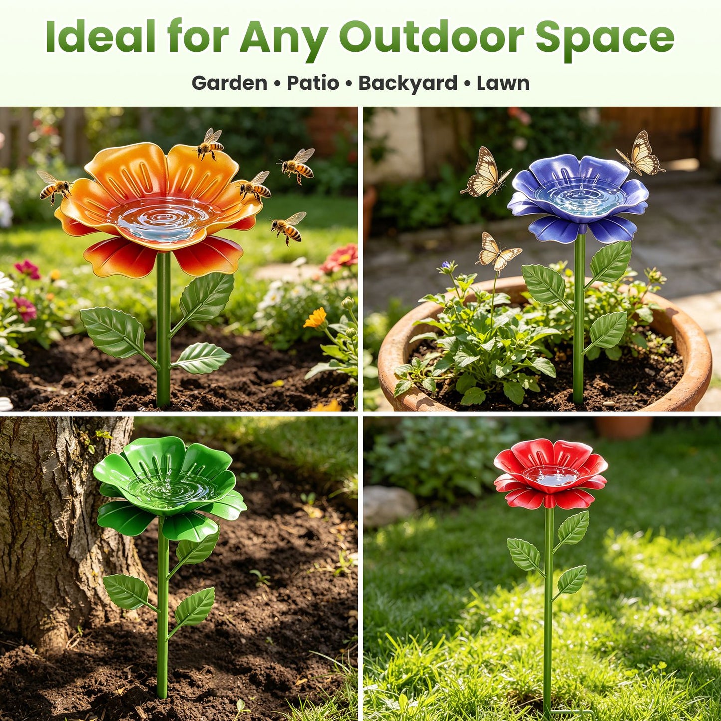 Outdoor Pollinator Water Stakes, Flower Design Bee Butterfly Waterer, Weather Resistant Anti-Drowning Basin For Yard Garden Landscape