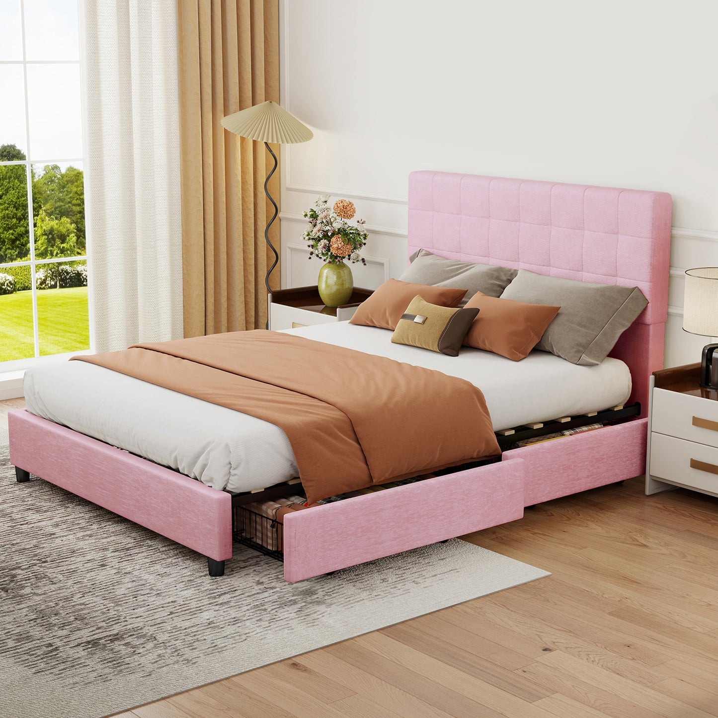 Queen Bed Frame Upholstered Vertical Channel Headboard Bed Frame With 4 Storage Drawers Wood Slats No Box Spring Needed Easy Assembly For Bedroom